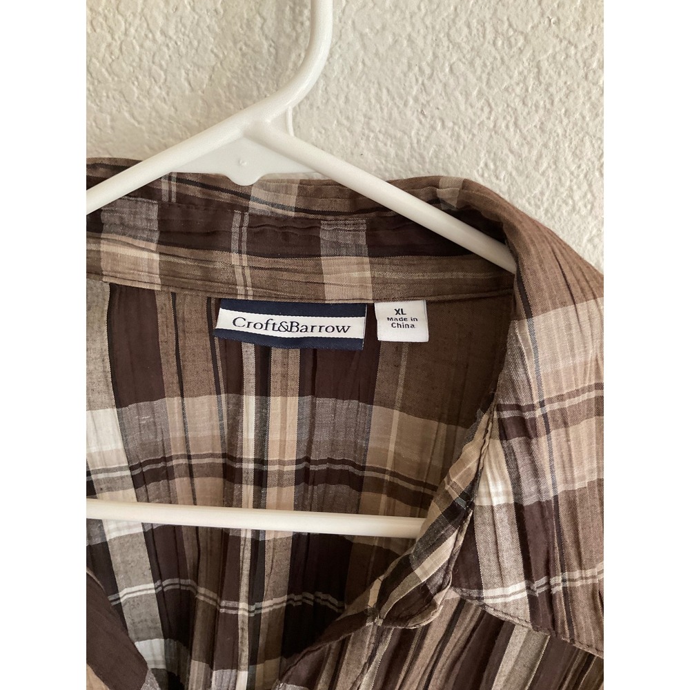 Christopher & Banks Brown Plaid Crinkle 3/4 Roll Tab Sleeve Button Up Shirt XL - Picture 8 of 8